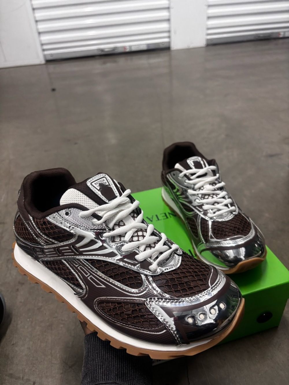 Bottega Veneta Brown Silver Mesh Runner Sneakers